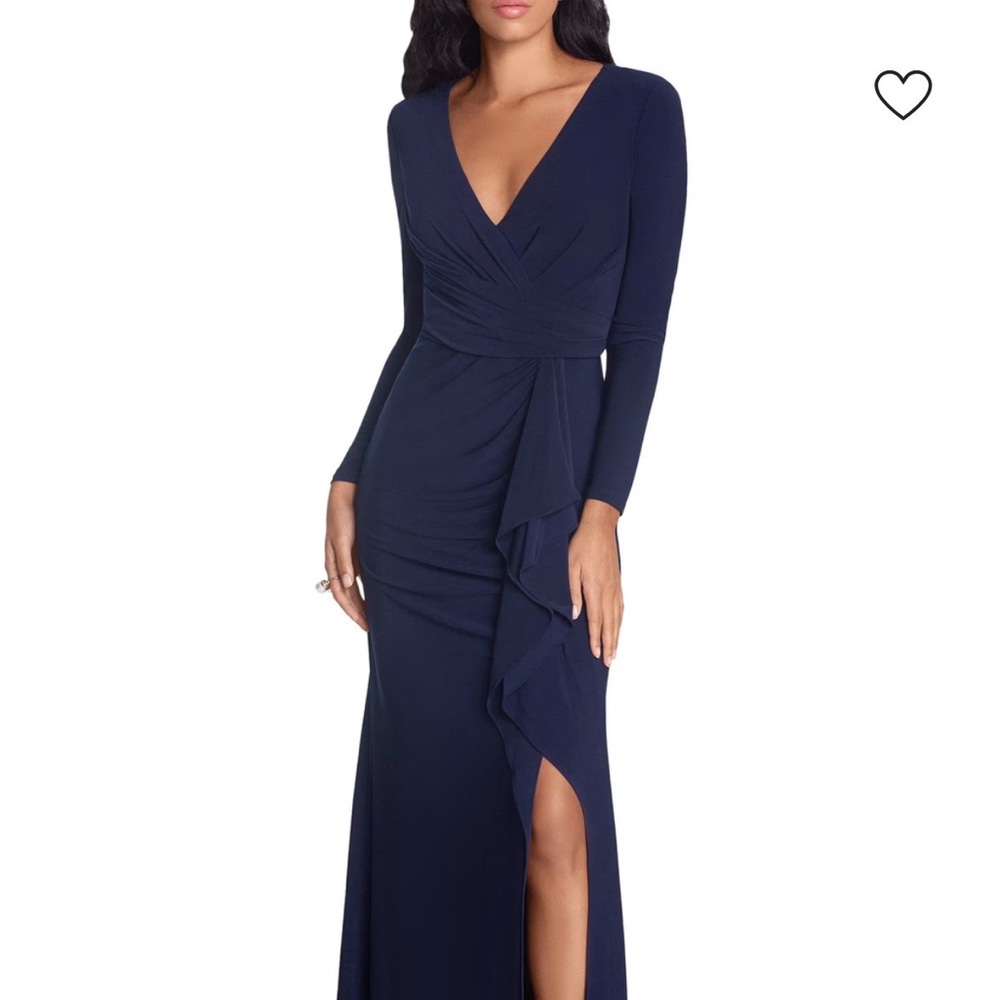 Betsy & Adam Navy Long Sleeve V-Neck Evening Gown